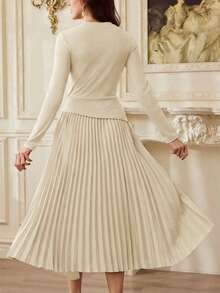 Vintamour Đầm dệt kim kẻ sọc phối màu cổ điển thanh lịch dành cho nữ, xếp ly, có cúc kim loại, thích hợp cho công sở, kỳ nghỉ, lễ hội, mùa đông, quần áo mùa đông cho nữ, đầm mùa đông cho nữ, trang phục Giáng sinh cho nữ, đầm Giáng sinh, đầm năm mới, đầm đêm giao thừa cho nữ, trang phục năm mới, trang phục năm mới cho nữ, quần áo năm mới, đầm thanh lịch cho nữ, đầm thanh lịch cho nữ, đầm màu nâu. - Màu be - Xem 5