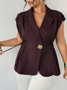 Firerie Plus Women's New Casual And Elegant All-Match Metal Button Linen Brown Thin Suit Jacket/Imitation Linen Suit Jacket/Pleated Tie Top/Business Casual Women/Teacher Wear Women/Retro Clothes Women/Autumn And Winter - Red - View 3