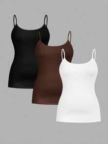 SHEIN Essnce Plus Size Women's Casual Comfortable Base Long Camisole Black Chocolate Brown 3 Packs,Summer Women Clothes,Curv Tops,Cami Top Evening Formal - Multicolor - View 1