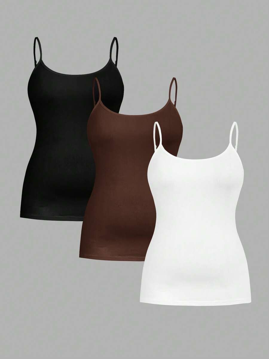 SHEIN Essnce Plus Size Women's Casual Comfortable Base Long Camisole Black Chocolate Brown 3 Packs,Summer Women Clothes,Curv Tops,Cami Top Evening Formal - Multicolor - View 1