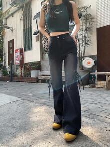 FRIFUL Women's Fashion Street Washed Tie Flared Jeans With Slant Pockets - Blue - View 6