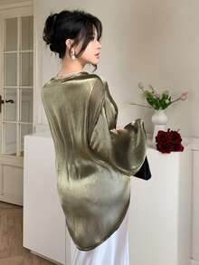 DAZY Spring & Summer Green Chiffon Blouse, Asymmetric Hem Design, Casual, Elegant, Suitable For Dates, Weddings, Vacations, Commuting, Ruffle Waist Long Sleeve Women Shirt - Dark Green - View 4