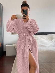 DAZY Pink Striped Loose Long Women Robe, Spring & Summer Sleepwear - Red - View 5