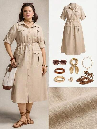 Zelara 大码女式休闲日常/通勤时尚街头风纯色翻盖口袋连体裤连衣裙，夏季