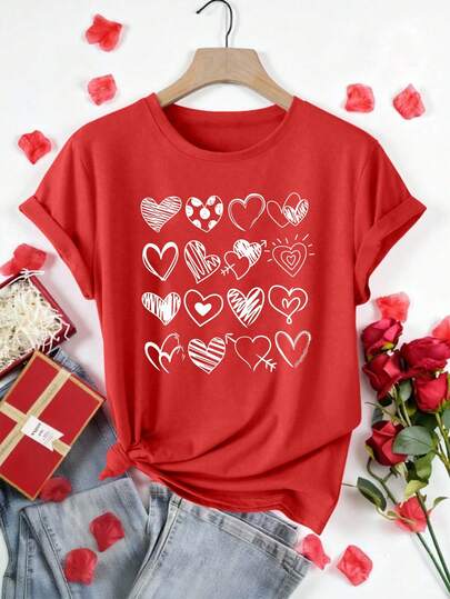 EMERY ROSE Valentine's Day Hand-Painted Heart Printed Casual Plus Size T-Shirt