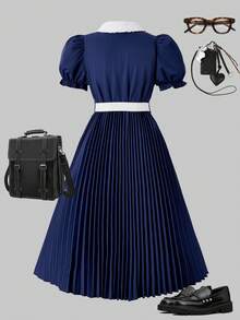 SHEIN ChillGRL Girls Dress, Single Item - Collared Half-Placket Shirt Dress With Ruffle Hem, Lantern Sleeve, A-Line Pleated Skirt, Comes With PU Belt, Suitable For Casual Everyday Wear In Spring/Summer - Navy Blue - View 2
