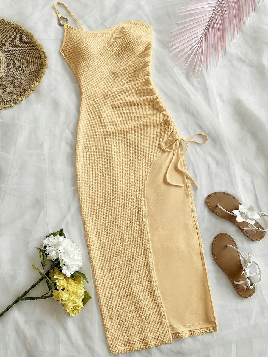 Soleia Women's Vacation Knitted Waffle Textured Fitted Split Drawstring Dress, Suitable For Party, Date, Sexy, Afternoon Tea, Beach, Summer, Music Festival, Wedding Season,Yellow Dress Butter Yellow Dress - Mustard Yellow - View 1