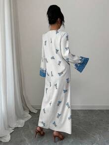 Yasmyna Women's Loose Fit Printed Long Sleeve Arabic Style Dress Mediterranean Al-Adha Summer Caftan Boho Tops Tunic Blouse Long Summer Dress - Blue - View 2