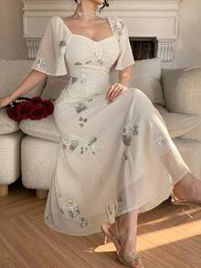 DAZY Vestido de verano de mujer con cuello cuadrado, mangas con volantes y decoración de lentejuelas florales elegantes - Albaricoque - Ver 3