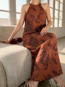 DAZY Women's Elegant Sequin Floral Embroidery Halter Dress, Summer Sundress - Brown - View 1