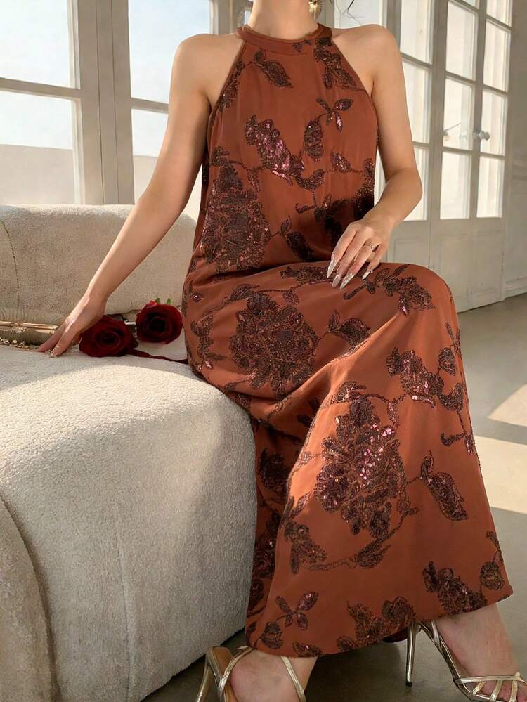 Women's Elegant Sequin Floral Embroidery Halter Dress, Summer Sundress