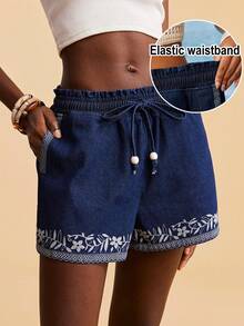 Travachic Casual Women's Medium Wash Denim Mini Shorts With Graphic Pattern And Pockets Straight Leg - Medium Wash - View 4