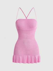 ROMWE Avant Cute, Sweet & Sexy Hollow-Out Knitted Beach Vacation Dress For Women - Baby Pink - View 1