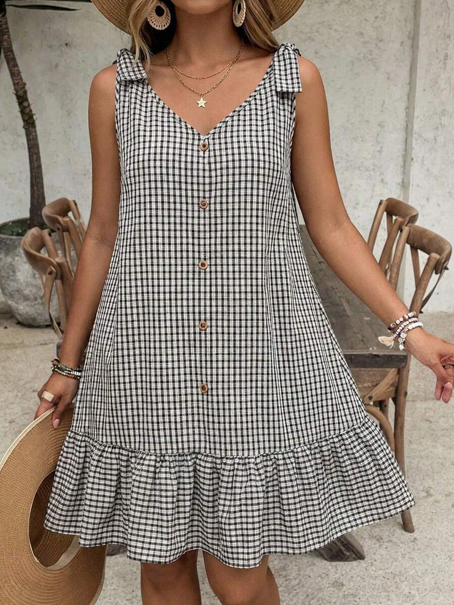 SHEIN VCAY Plus Size Women Plaid Bow Shoulder Decor Button Design Sleeveless Dress - Black and White - View 1