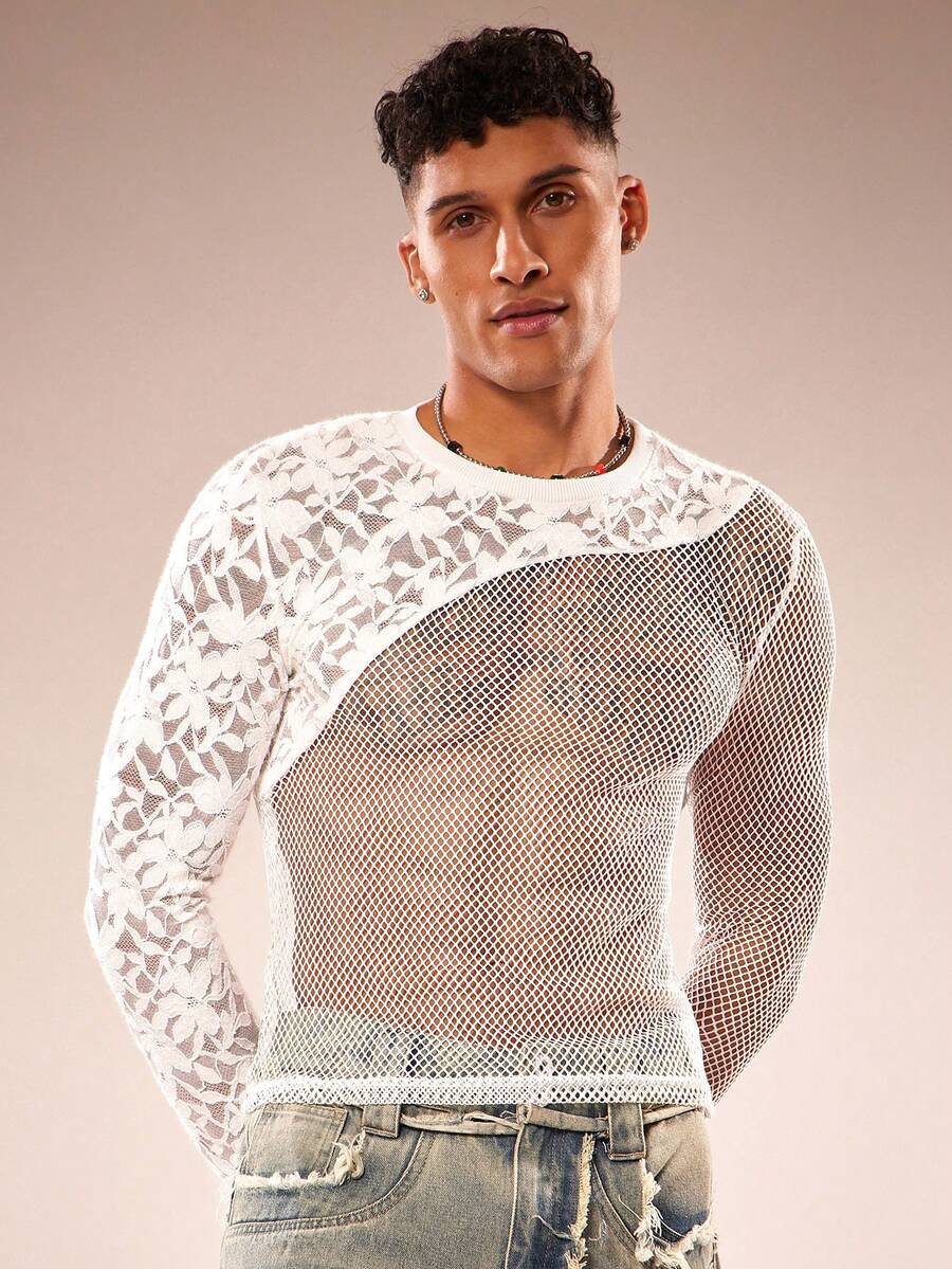 FeverCity Men's Contrast Lace Hollow Design Round Neck Long Sleeve T-Shirt - White - View 1