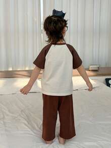 DAZY Young Boy Crew Neck Cartoon Letter Print Short Sleeve Top And Striped Wide Leg Pants Casual Loungewear Pajama Set - Brown - View 6