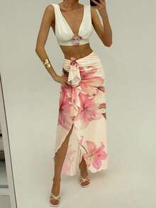 Aloruh 浪漫约会、春夏度假、海滩性感超长3D立体花卉高开衩女装裙 - 米色 - 查看 5