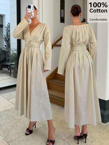 Siren Gaze 性感V领褶皱系腰长袍，休闲宽松高腰纯色长袍，适合办公室女士通勤，时尚单排扣腰带垂褶V领无袖女式连衣裙，独特假日派对装扮，复古秋冬女装 - 杏色 - 查看 5