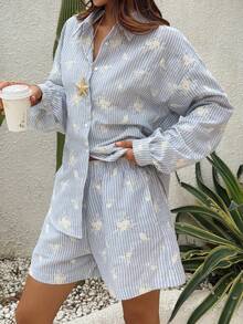 DAZY Women's Vacation Casual Striped Embroidered Shirt And Shorts 2 Pieces Set - Blue - View 5