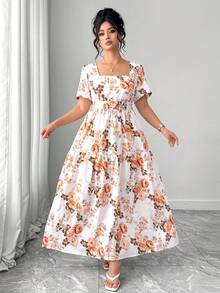 Elenzga Vestido de mujer talla grande de verano con estampado floral romántico, cuello cuadrado, espalda descubierta, cintura elástica y fluido, adecuado para playa, vacaciones y viajes al aire libre - Albaricoque - Ver 4