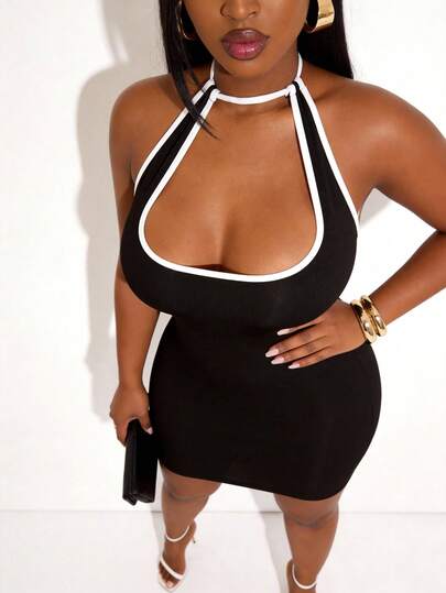 SHEIN SXY Plus Size Color Block Trim Hollow Out Backless Tie Neck Sleeveless Dress