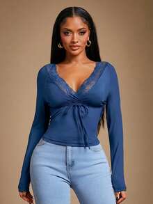 Radiana Women's Sexy Casual Elegant Brown Lace Patchwork Long Sleeve V-Neck Fitted T-Shirt, Autumn/Winter Undershirt - Blue - View 5