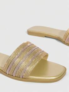 CUCCOO SZL Women's Summer Casual Flat Sandals With Zipper And Rhinestone Design, Non-Slip Beach Slippers - Gold - View 5