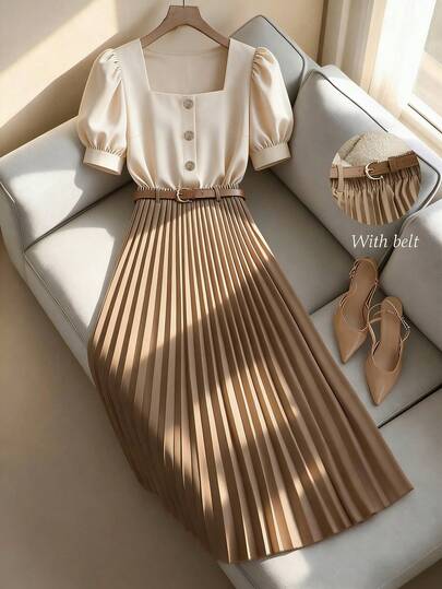 Franclia Soft Beige Square Collar Puff Sleeve Shirt + Caramel Brown Pleated Maxi Skirt 2-Piece Set, Pearl Button Waist Cinched, Commute & Date Versatile Slimming Elegant Set, Flowing Fabric Conceals Flaws, Exquisite Square Collar Design Pearl Button Shirt + Caramel Brown Pleated Maxi Skirt 2-Piece Set