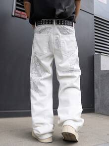 Manfinity Hypemode 男士街头时尚奢华刺绣设计宽松阔腿牛仔裤，不含腰带 - 白色 - 查看 5