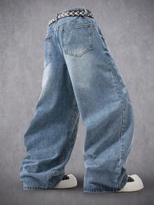 Manfinity Denimwave Jeans casuales de corte recto y suelto con lavado claro, estampado gráfico de ángel láser, estilo callejero, /verano - Azul - Ver 2
