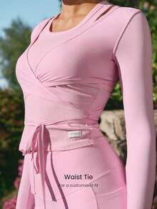 GLOWMODE Valentine's Day 360 High-Stretch Soft Fabric V-Day Vibes Lightweight Wrinkle-Resistant Strappy Tie Design Cropped Long-Sleeve Top Daily Casual Wear - Pink - View 4