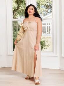 Solflare Summer Boho Plus Size Maxi Dress,Beige Cotton Spaghetti Strap Ruched Bust High Slit Vacation Holiday Dress For Women,Casual Soft & Comfortable Gown - Apricot - View 4