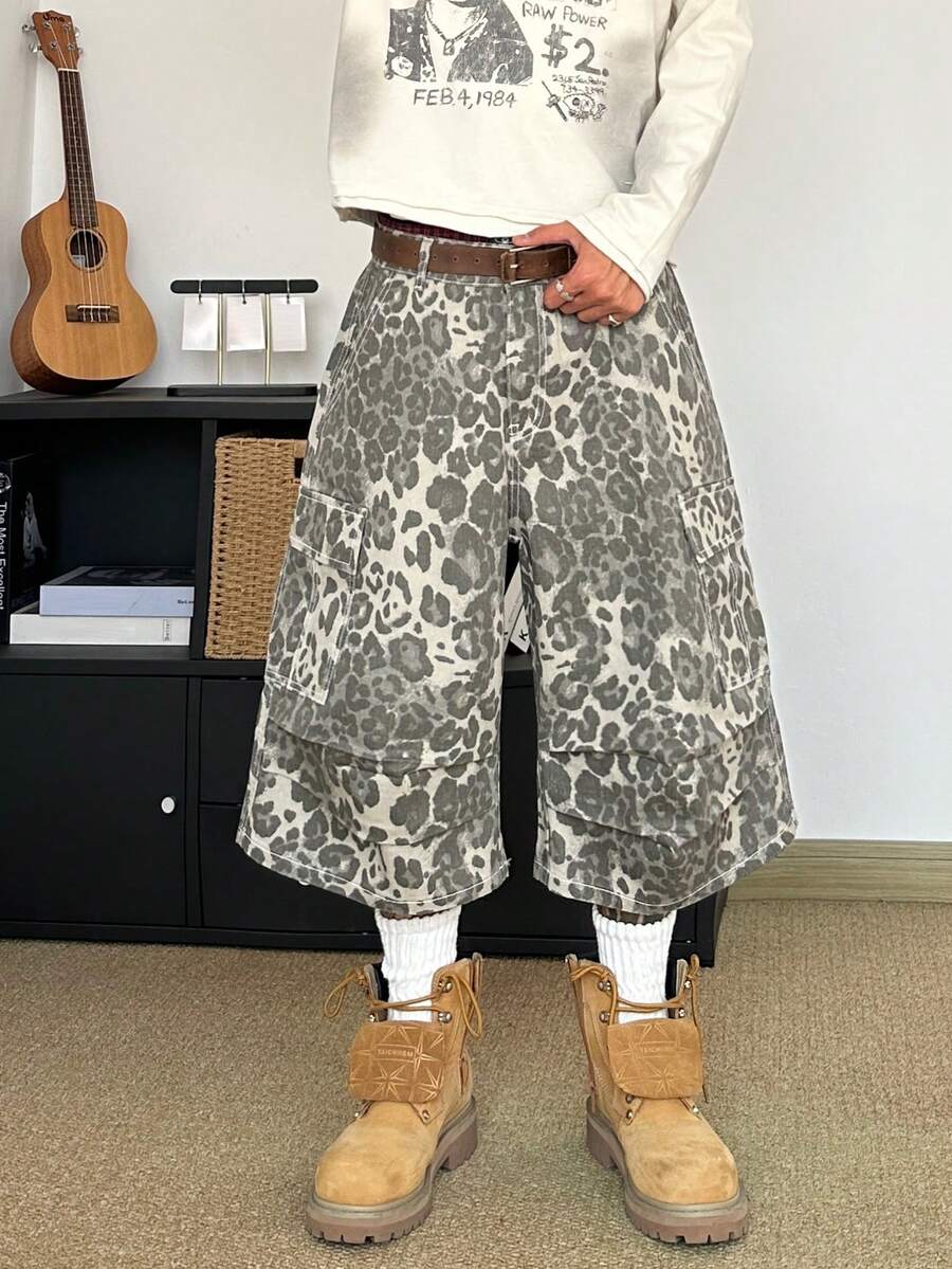 STEELVANCE 复古豹纹工装短裤，多口袋设计，字母和音符图案，宽松直筒版型，休闲街头风，夏季款 - 卡其色 - 查看 1