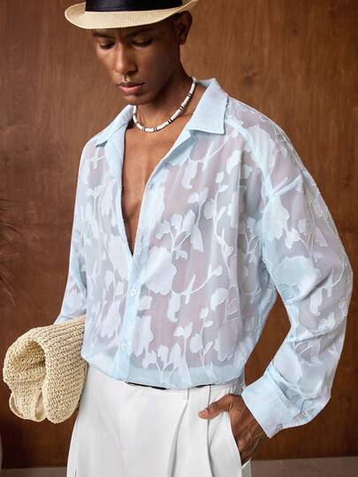 AKNOTIC Business Casual Men's Semi-Sheer Front Button Long Sleeve Casual Shirt Graphic Shirt Light Blue Graphic Shirt Sheer Shirt Men Light Blue Shirt Collared Shirt