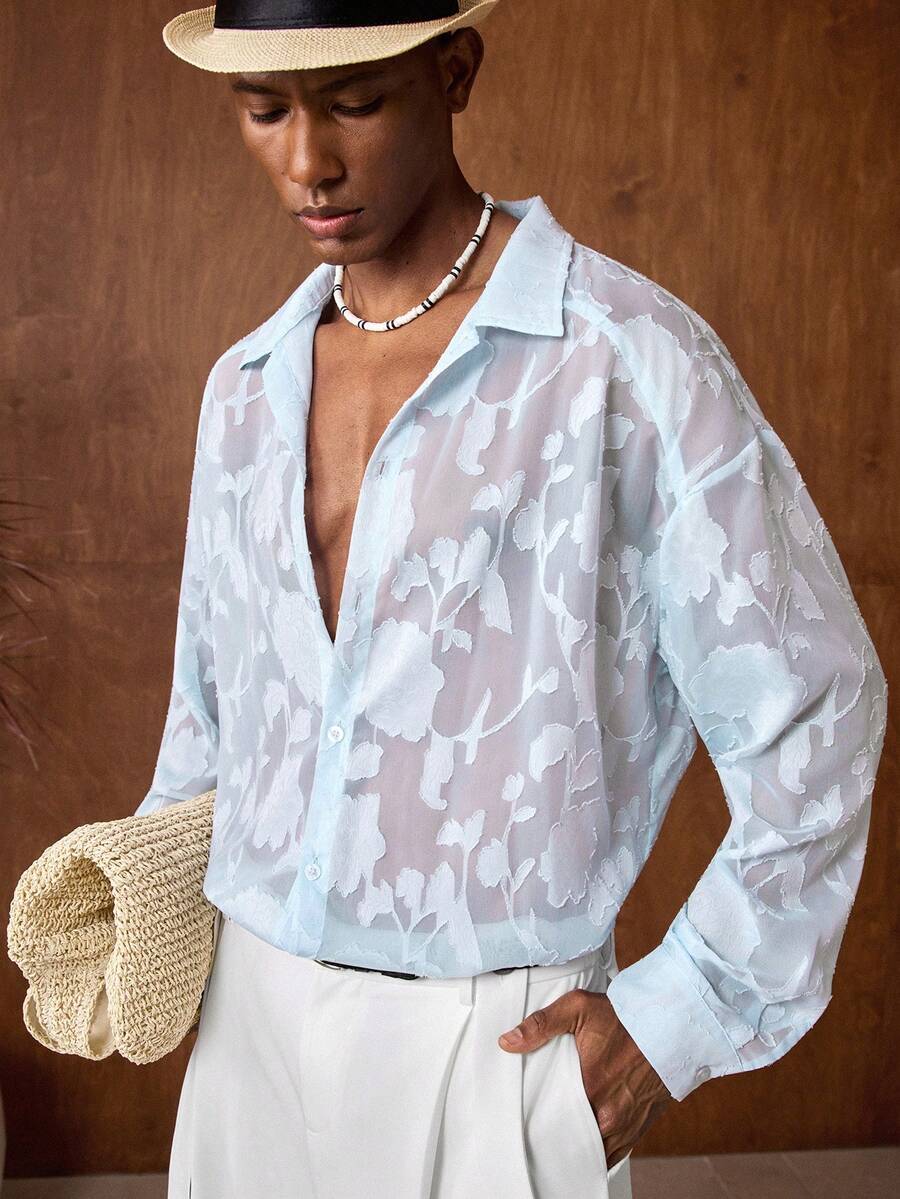 AKNOTIC Business Casual Men's Semi-Sheer Front Button Long Sleeve Casual Shirt Graphic Shirt Light Blue Graphic Shirt Sheer Shirt Men Light Blue Shirt Collared Shirt