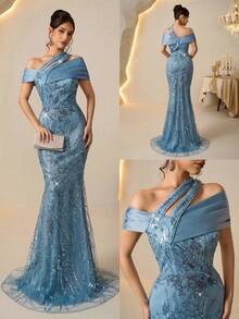 Coutiva Váy dạ hội dự tiệc dáng đuôi cá hở vai lệch vai, chất liệu satin chắp vá đính hạt sequin thời trang thu đông thanh lịch, thích hợp cho khách dự tiệc cưới, lễ tốt nghiệp, váy sinh nhật, lễ hội âm nhạc - Màu xanh lam - Xem 2