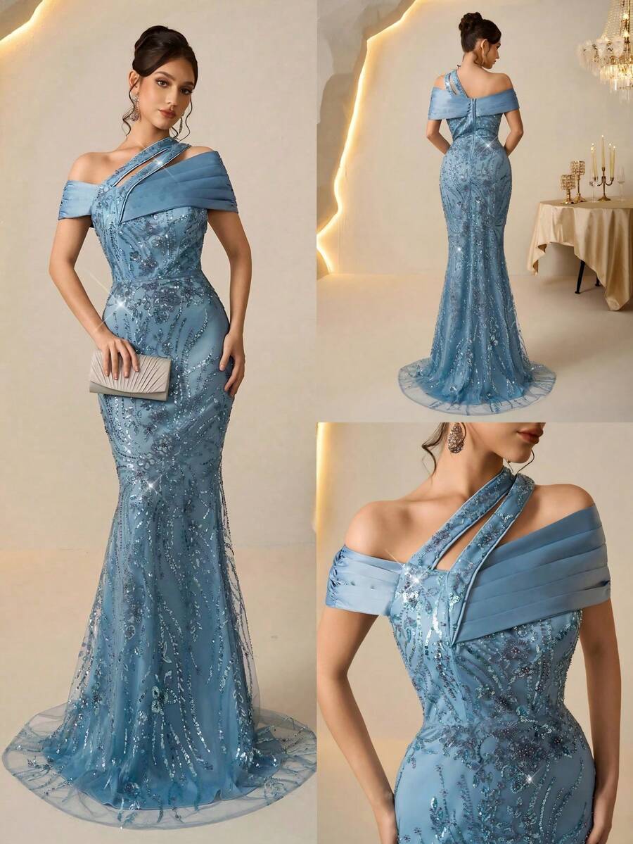 Coutiva Váy dạ hội dự tiệc dáng đuôi cá hở vai lệch vai, chất liệu satin chắp vá đính hạt sequin thời trang thu đông thanh lịch, thích hợp cho khách dự tiệc cưới, lễ tốt nghiệp, váy sinh nhật, lễ hội âm nhạc