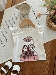 SHEIN Baby Girl Casual Versatile Graphic Cap Sleeve Top - White - View 7