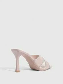 CUCCOO SZL 女士方头水钻链条套脚高跟凉鞋，性感时尚优雅派对礼服凉鞋，夜店露趾细高跟鞋 - 粉色 - 查看 8