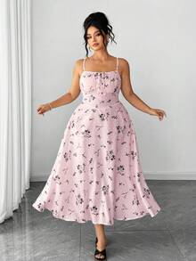 Elenzga Đầm midi hai dây họa tiết hoa nhí cỡ lớn dành cho nữ, kiểu Pháp, thắt eo, ôm dáng, tay phồng, thanh lịch, dài đến bắp chân. - Hồng - Xem 2