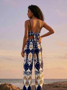 CAJUNI Set di canotta corta e pantaloncini con stampa di palme, adatto per vacanze - Multicolore - Visualizzare 2