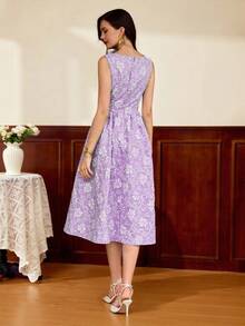 Vintamour Vintage Damen Kleid mit quadratischem Ausschnitt und ohne Ärmel, weiß und blau mit Blumenmuster, Sommer, elegant, Hochzeitsgast Geburtstag Outfit, Old Money Stil Kirche Kleid mit Taschen - Mauve - Übersicht 8