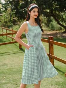 xheVintamour Vestido de corte A estilo vintage elegante para mujer con estampado floral de pequeñas flores, cuello cuadrado, sin mangas, con tirantes, decoración con botones, informal, adecuado para vacaciones y días festivos, vestido veraniego para mujeres, ropa de verano elegante para mujeres, vestidos para el sol para mujeres, vestidos de cumpleaños para mujeres, vestidos para mujeres, ropa de verano para mujer, vestidos de verano para mujer, atuendos de vacaciones para mujer, atuendos de cumpleaños para mujer, atuendo de concierto de campo para mujer, vestidos de verano casualesxhe - verde menta - Ver 7