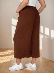 SHEIN Essnce 大码女装春夏时尚休闲宽松舒适日常基础款黑色弹力腰七分阔腿裤，女式下装，夏季女装，宽松裤 - 咖啡棕 - 查看 2