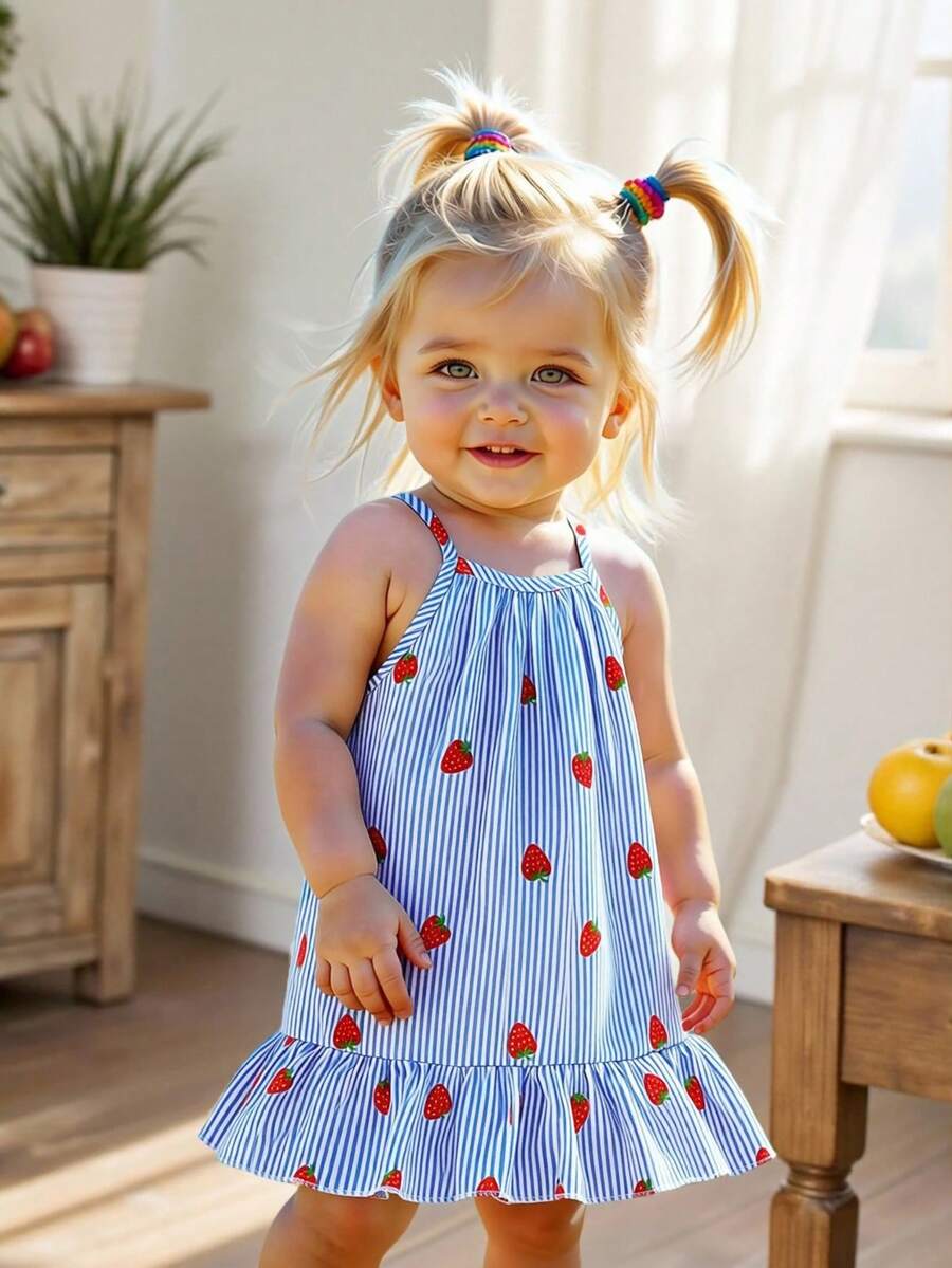 SHEIN Playful Pals Đầm không tay cho bé gái với họa tiết dâu tây sọc nhiều màu sắc, thiết kế tươi tắn và năng động, thích hợp cho mùa hè. - Màu xanh lam - Xem 1