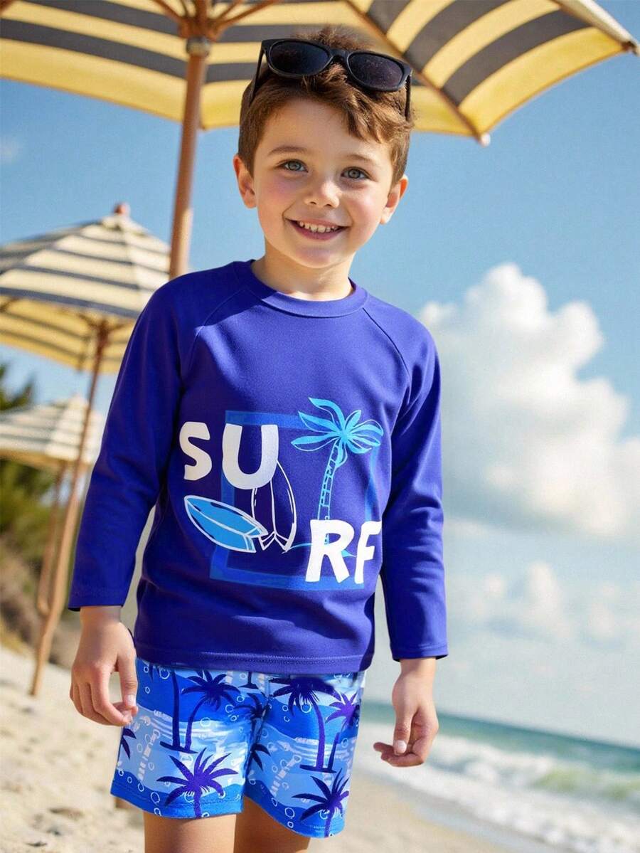 Young Boy Swimsuit Set, Coconut Tree Print Sports & Vacation - Blue - View 1