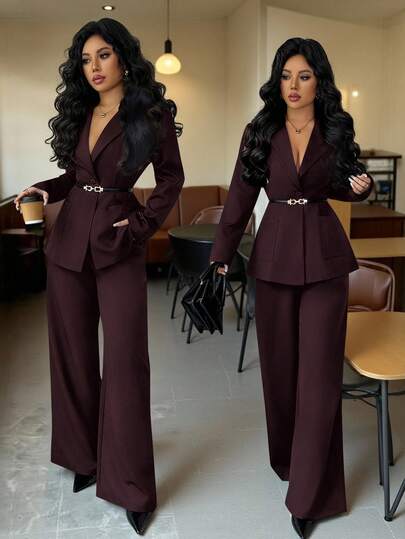 Rafferiza Women's Solid Color Long Sleeve Fashionable Blazer Suit Set