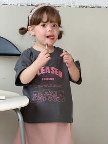 DAZY Toddler Girls' Casual Loose Fit Cartoon Letter Print Round Neck Top, Korean Style - Grey - View 5