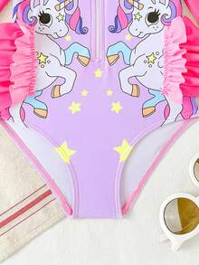 SHEIN Toddler Girl Island & Palm Tree Print Long Sleeve Zipper One-Piece Swimsuit, Cute Ruffle Raglan Sleeve Sun Protection Swimwear - Hot Pink - View 6