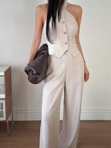 DAZY Women's Summer Halter Backless Fitted Cropped Sleeveless Tank Top And Loose Wide Leg Pants 2 Piece Set, Casual Outfit - Apricot - View 3